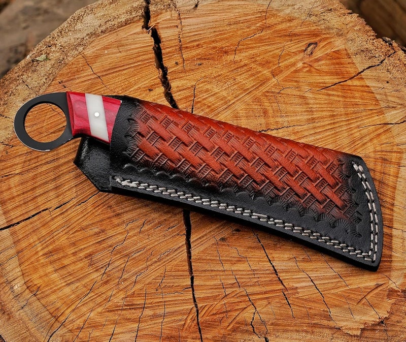 BE BREAK EDGE Handmade Steel Lineman’s Hawkbill knife with Leather sheath, Heavy Duty Utility Knife blade Electrician Wire Skinning knife for professional. (Red,White&Blue) - Image 4